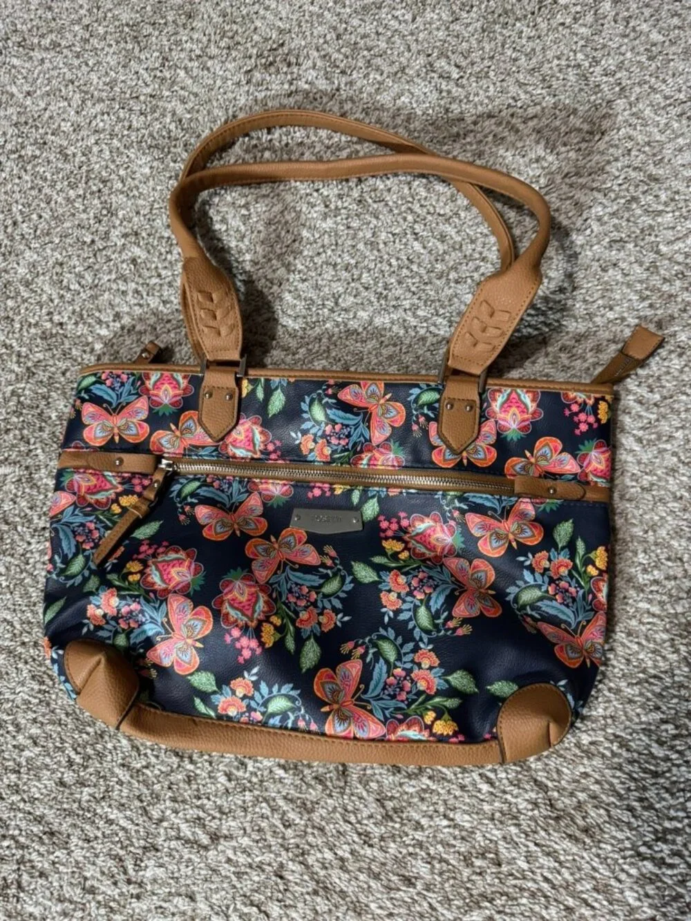 Rosetti Shoulder Bag Women's Floral Butterfly Faux Leather Tote Navy Multi Color